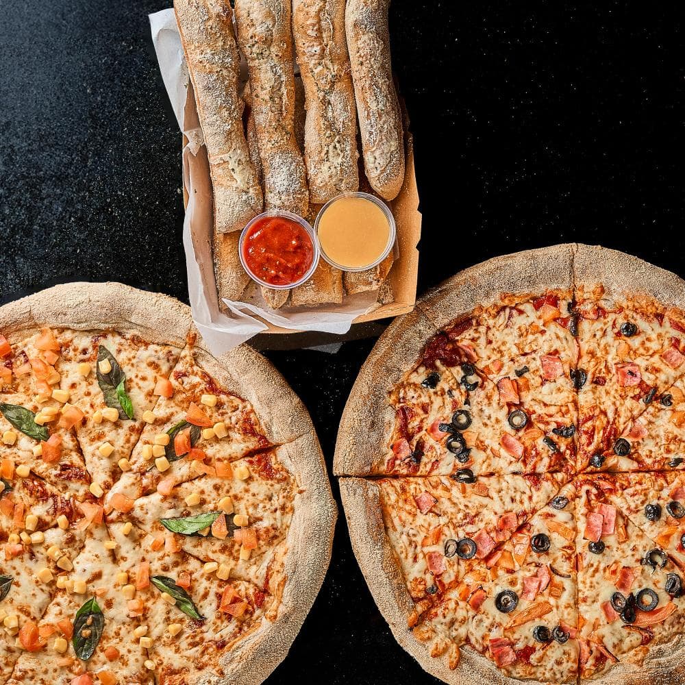 2 Pizzas + Side
